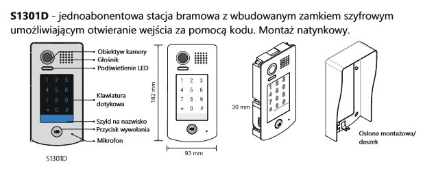 Zestaw jednorodzinny wideodomofonu cyfrowego Vidos Stacja bramowa S1301D monitor M1021W